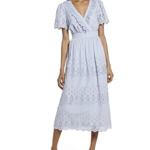 Floret Studios V-Neck Dress Light Blue 100% Cotton Cinched Waist Size Medium